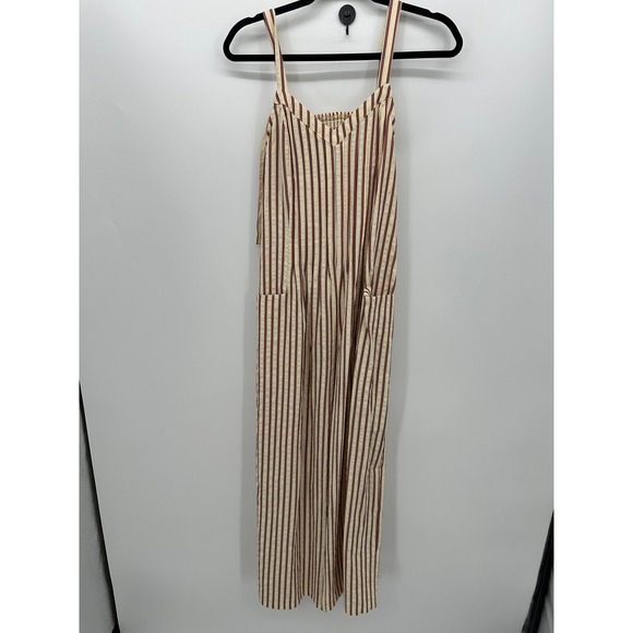 The Unbranded Brand Pants - Cream Red Striped Romper Jumpsuit Size M Pockets Oversized Boho Open Back